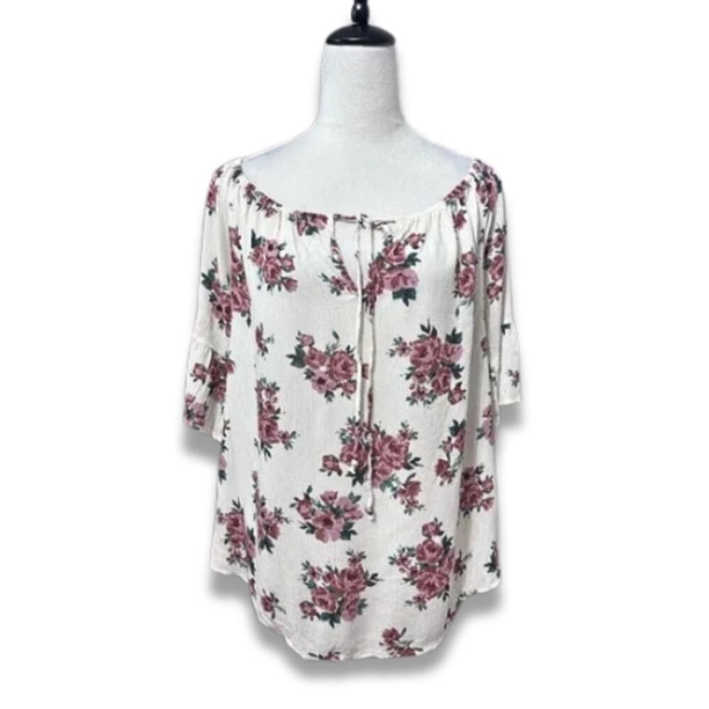 West Kei Floral Blouse 3/4 Sleeves Boat Neck Adjustable Tie Women's White M NWOT